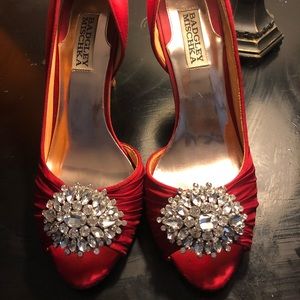 Red satin heels with crystals